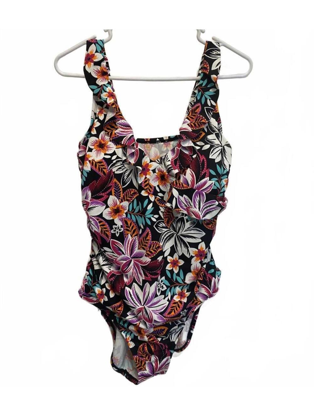 Jantzen Black Floral Ruffle One Piece Swimsuit Size 12